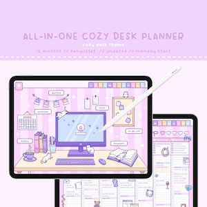 Puede incluir: Un planificador digital en una tableta, con un tema de escritorio acogedor, en tonos morados y rosas. El planificador incluye secciones para calendario, hábitos, finanzas y listas de tareas, con ilustraciones de gatos y accesorios de escritorio. El texto dice "ALL-IN-ONE COZY DESK PLANNER."
