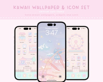 Pastel Carnival Cats Wallpaper & Icon Set - Kawaii Cute Hand-Drawn Aesthetic