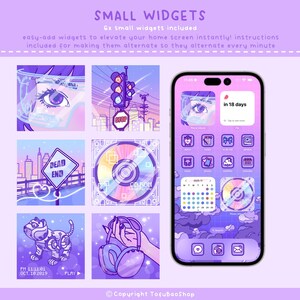 May include: A digital art image featuring six small widgets and a smartphone with a purple theme. The widgets include anime-style graphics, a CD-ROM, and a robot cat. The phone displays app icons and a widget with the text "in 18 days."
