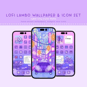 Könnte beinhalten: Drei Smartphones, die ein violettes Cyber-City-Thema mit einem Auto, Gebäuden und Symbolen anzeigen. Der Text "LOFI LAMBO WALLPAPER & ICON SET" und "cyber-city cruise theme" sind sichtbar. Die Bildschirme zeigen handgezeichnete Hintergrundbilder, Widgets und Symbole.
