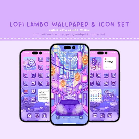 Cyberpunk Aesthetic Phone Wallpaper & Icon Set - Neon Cyber City Lamborghini Aesthetic
