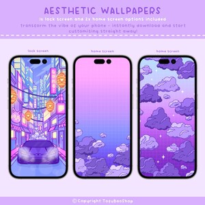 May include: Three smartphone screens displaying aesthetic wallpapers. The first shows a cityscape with a purple car, the second a gradient, and the third a cloud design. Text at the top reads "Aesthetic Wallpapers".