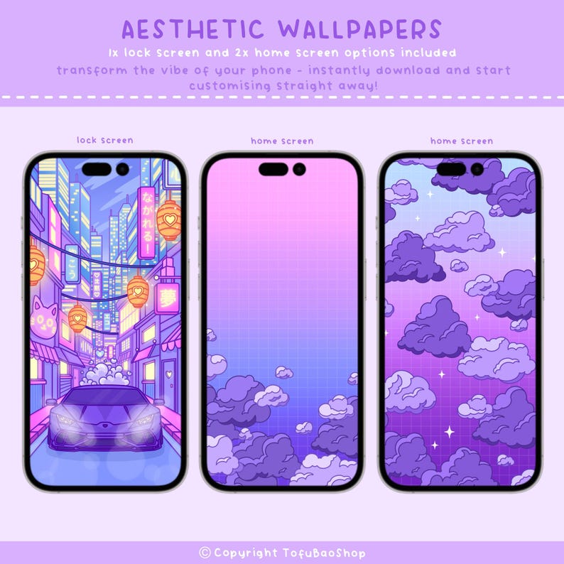 May include: Three smartphone screens displaying aesthetic wallpapers. The first shows a cityscape with a purple car, the second a gradient, and the third a cloud design. Text at the top reads "Aesthetic Wallpapers".
