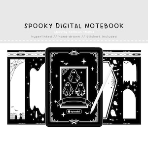 May include: A digital notebook with a spooky theme. The cover features three ghosts in a black and white illustration. The text "SPOOKY DIGITAL NOTEBOOK" is at the top of the image. The text "ghostly hollows theme" is below the title. The text "hyperlinked // hand-drawn // stickers included" is below the theme.