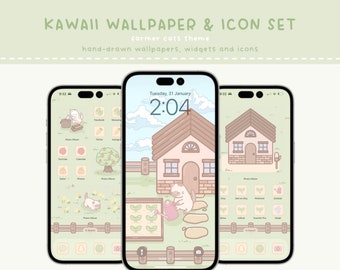 Farmer Cats Cute Wallpaper & Icon Set - Cozy Crop Aesthetic