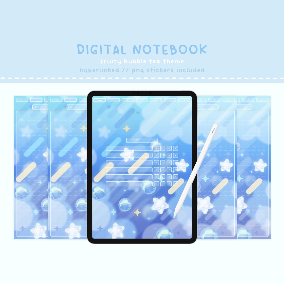 Note Notebook Bubbles Boba Tea Digital Notebook - Bubble Tea Whimsical - Hyperlinked Tabs and ...