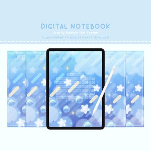 May include: A digital notebook with a fruity bubble tea theme. The notebook has a blue background with white stars, clouds, and bubbles. The notebook is hyperlinked and includes PNG stickers.