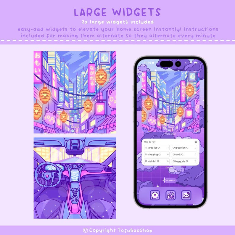 May include: Digital art featuring a phone screen, car interior, and cityscape with Japanese lanterns. The phone displays a to-do list. The text reads "LARGE WIDGETS" and "easy-add widgets to elevate your home screen instantly!"