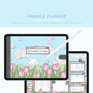 May include: A digital finance planner with a tulip fairy cats theme. The planner is displayed on a tablet with a stylus. The screen shows a cartoon landscape with pink tulips, clouds, and the text "My Finance Planner."