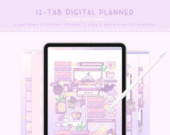 May include: A digital planner with a purple and pink color scheme featuring a witchy cat theme. The planner has 12 tabs and includes stickers. The text "12-TAB DIGITAL PLANNER" is at the top of the image. The text "witchy cats theme" is below the planner title. The text "hyperlinked // stickers included // copy & paste from 25 templates" is below the theme title.