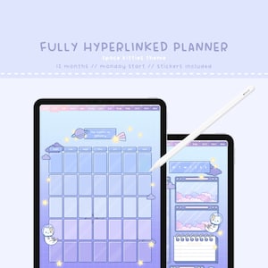 May include: A digital planner with a space kitty theme. The planner is open on a tablet screen and shows the month of January. The planner includes a calendar, notes, and stickers. The planner is fully hyperlinked and has a Monday start.