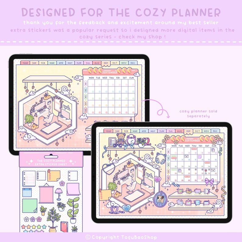 Puede incluir: Una plantilla de planificador digital con un esquema de color rosa y amarillo. El planificador presenta una linda ilustraci&oacute;n de un espacio de trabajo acogedor con un escritorio, una computadora y plantas. El planificador incluye secciones de calendario, lista de tareas y notas. El texto "cozy planner sold separately" est&aacute; incluido en la imagen.