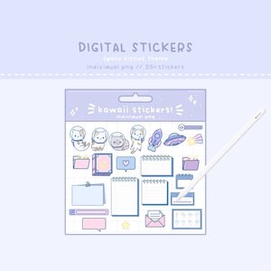 May include: A digital sticker sheet with a space kitty theme. The sheet includes 55+ individual stickers featuring cute cats in spacesuits, rockets, planets, stars, and other space-themed elements. The text "kawaii stickers!" is written on the sheet.
