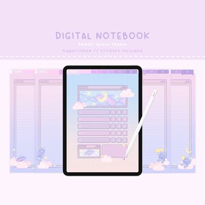 Könnte beinhalten: Ein digitales Notizbuch mit einem Kawaii-Weltraum-Thema. Das Notizbuch hat einen hellblauen und rosafarbenen Verlaufshintergrund mit Wolken, Sternen, einem Mond und einer Rakete. Das Notizbuch ist in fünf Abschnitte unterteilt, die jeweils mit einer anderen Nummer versehen sind. Das Notizbuch enthält auch einen Abschnitt für Notizen und einen Abschnitt für To-Do-Listen. Der Text "DIGITALES NOTIZBUCH" befindet sich oben auf dem Notizbuch, und der Text "Kawaii-Weltraum-Thema" befindet sich darunter. Der Text "Hyperlinks // Sticker enthalten" befindet sich darunter.