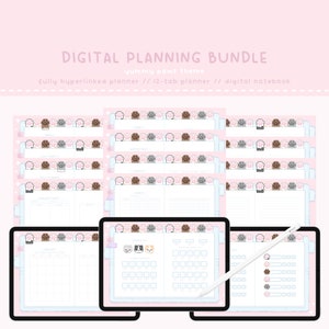 Puede incluir: Un paquete de planificación digital con un tema de huellas de patas. El paquete incluye un planificador totalmente hipervinculado, un planificador de 12 pestañas y un cuaderno digital. La imagen muestra una pantalla de ordenador y una tableta que muestran las diferentes páginas del planificador.