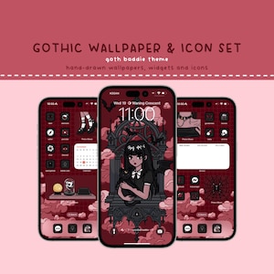 Pode incluir: Três smartphones exibindo um tema gótico. As telas mostram papéis de parede, widgets e ícones desenhados à mão em tons de vermelho e preto. O texto "GOTHIC WALLPAPER & ICON SET" está no topo.