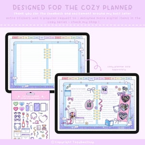 Puede incluir: Un planificador digital con un esquema de color azul pastel y morado. El planificador est&aacute; abierto a una vista mensual con un dise&ntilde;o de calendario. El planificador est&aacute; decorado con lindas ilustraciones de nubes, estrellas y corazones. El texto "Cozy Planner" es visible en la imagen. El texto "Copyright TofubaoShop" es visible en la imagen.
