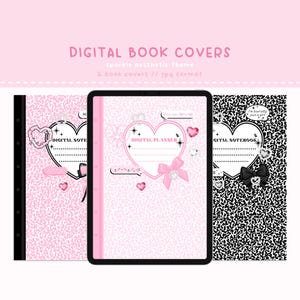 Puede incluir: Tres portadas de libros digitales con un fondo de estampado de leopardo rosa y negro. Las portadas presentan un gran corazón rosa con una cinta blanca y un lazo negro. El texto en las portadas dice "DIGITAL NOTE", "DIGITAL PLANNER" y "DIGITAL NOTEBOOK".