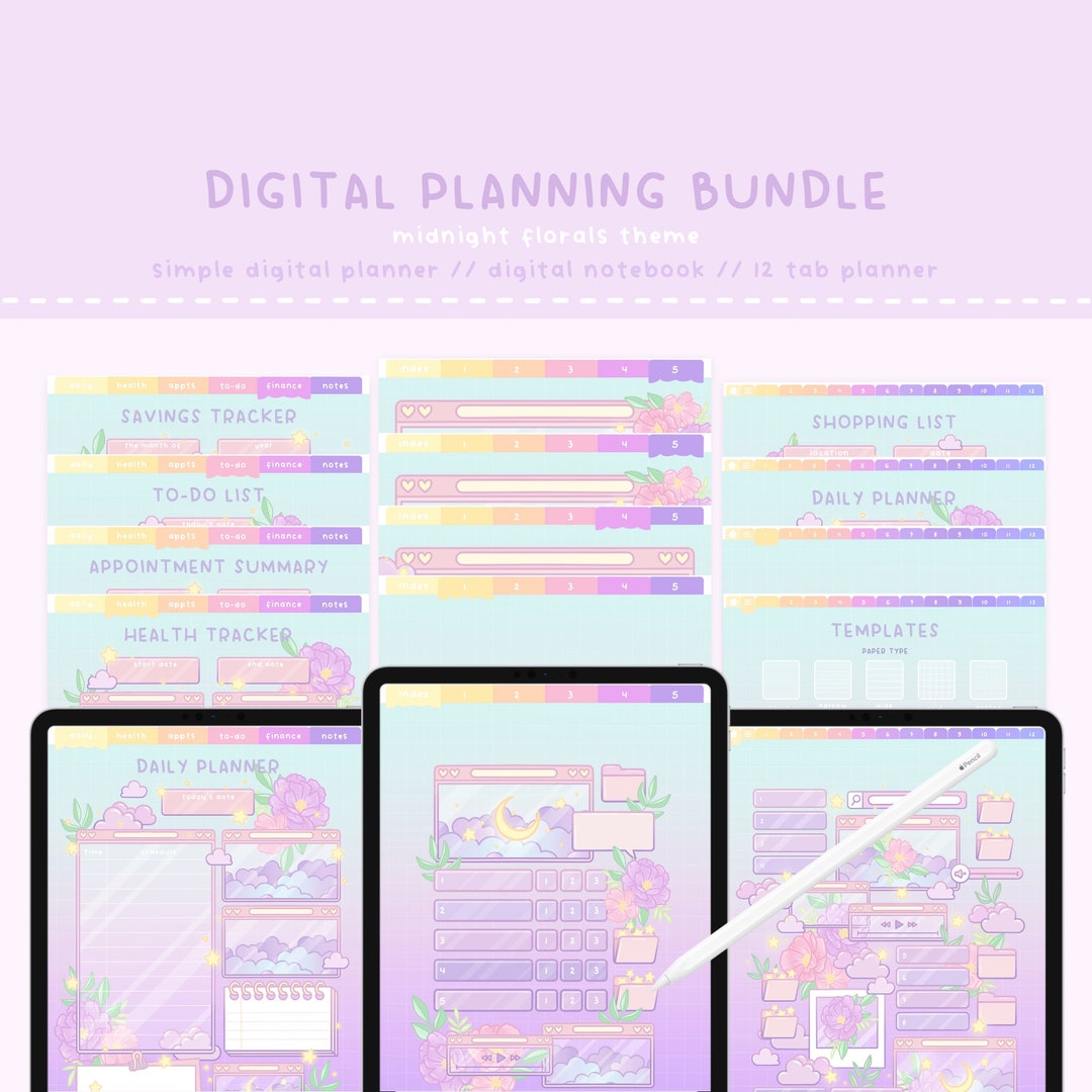 Kawaii Planner Bundle, Midnight Florals Bundle, Digital Planner Bundle ...