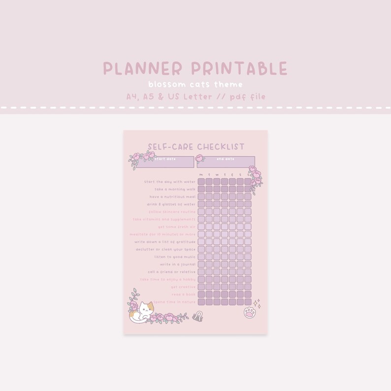 Self Care Checklist, Printable Planner Template, Kawaii Planner, Cute ...
