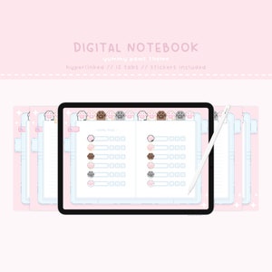 Puede incluir: Un cuaderno digital con un tema de huellas de patas. El cuaderno tiene 12 pestañas e incluye pegatinas. La portada del cuaderno presenta una fila de huellas de patas de diferentes colores.
