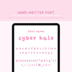 Könnte beinhalten: Eine digitale Illustration einer rosa Schriftart namens "cyber halo" mit Kleinbuchstaben, Zahlen und Symbolen. Die Schriftart wird auf einem weißen Hintergrund angezeigt.
