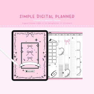 May include: A digital planner with a pink background and black outlines. The planner has a coquette sparkle theme with hyperlinked tabs, six templates, and stickers. The planner includes a to-do list, notes, and a calendar.