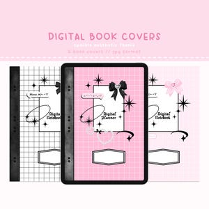 Puede incluir: Tres portadas de libros digitales con un fondo de cuadrícula rosa y blanca. Las portadas presentan estrellas blancas y negras, un lazo negro con un corazón y el texto "Digital Planner", "Digital Notebook" y "Meow, ni~" en una fuente gótica negra.