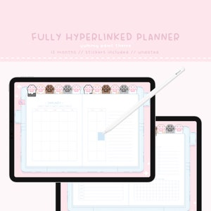May include: A digital planner app on a tablet with a paw print theme. The app is open to the January calendar page. The app is fully hyperlinked and includes stickers. The text "FULLY HYPERLINKED PLANNER yummy paws theme 12 months // stickers included // undated" is displayed at the top of the image.