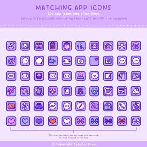 May include: A collection of 60 app icons and filler icons in a purple and white color scheme. The icons are arranged in a grid and feature various designs, including hearts, bows, and social media logos. Text at the top reads "MATCHING APP ICONS".