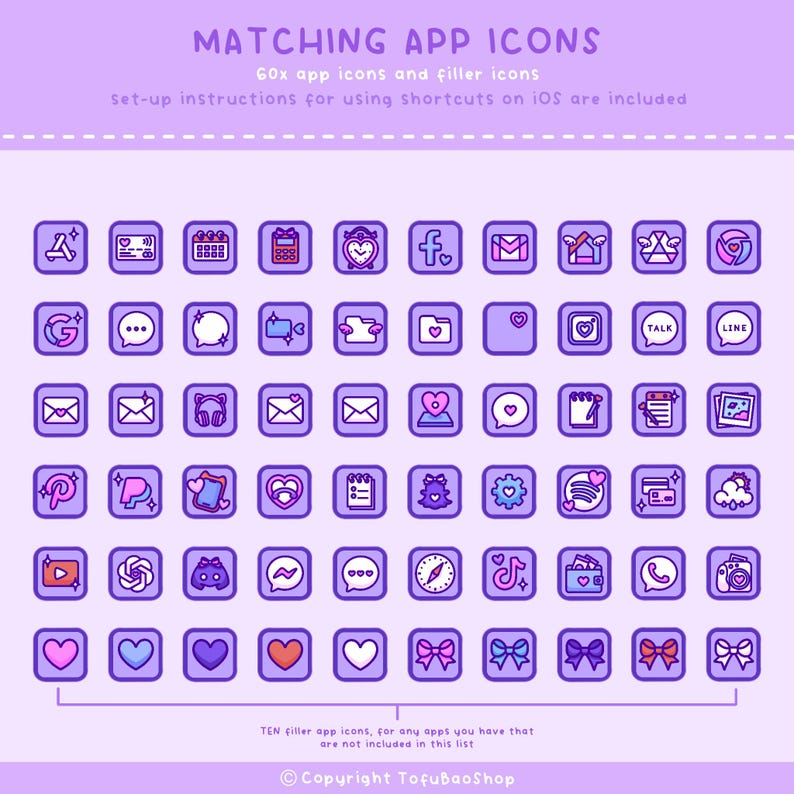 May include: A collection of 60 app icons and filler icons in a purple and white color scheme. The icons are arranged in a grid and feature various designs, including hearts, bows, and social media logos. Text at the top reads "MATCHING APP ICONS".
