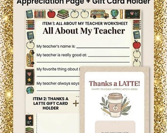 Teacher Appreciation Bundle, All About My Teacher Worksheet, Gift Card Holder (Instant Download)