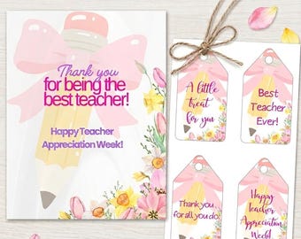 Printable Teacher Gift Set – Watercolor Floral Pencil Card and Tags (PDF Download)