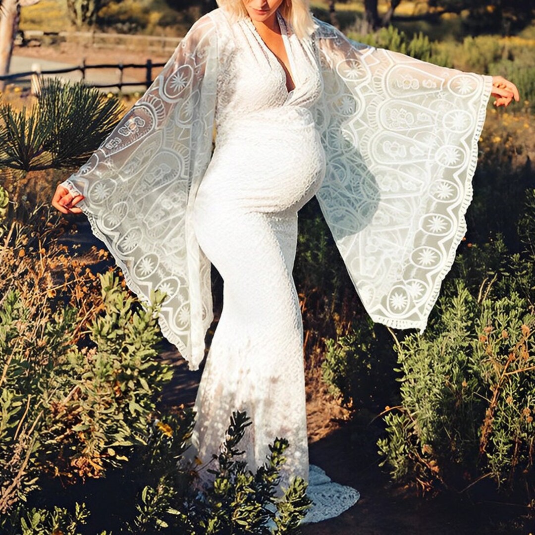 White Lace Maternity Dresses, Deep Vneck Dress With Flared Sleeves