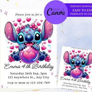 Editable Stitch Birthday Party Invitation Template, Cartoon Birthday Invitation, Stitch Birthday Invitation Editable Template, Stitch Party,