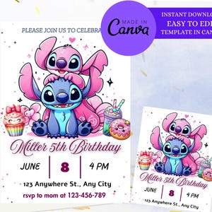 Convite de aniversário Stitch | Modelo editável e imprimível | Convite fofo para festa Stitch, Convite para festa Stitch | Convite digital, Stitch