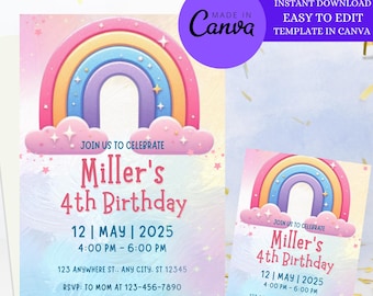 Rainbow Birthday Invitation, Editable Rainbow Party Invite,  Unisex Rainbow Party,  Printable Rainbow Birthday Invite, Boy Birthday Invite,