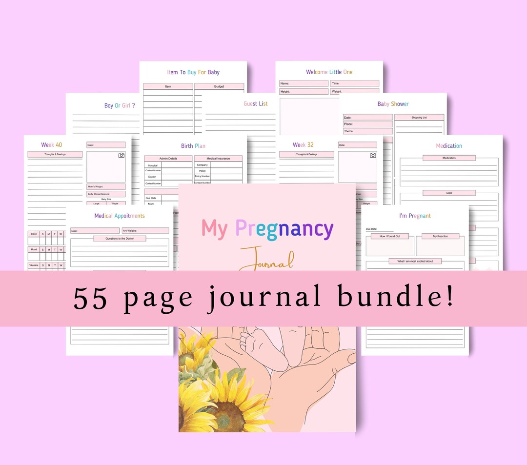 Minimalist Pregnancy Journal, Printable Pregnancy Journal, Sunflower