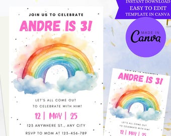 Editable Rainbow Birthday Invitation Template |Magical Day Rainbow Birthday Invite, Rainbow Birthday Invite, Pastel Rainbow Birthday Invite,