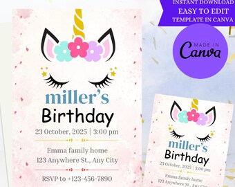 Unicorn Birthday Invitation, Unicorn Party Invite,  Unicorn Girl Birthday Invite, Unicorn Birthday Party Girl Pink Glitter Magical Birthday,