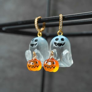 Halloween Ghost Pumpkin Earrings, Spooky Earrings, Hoop Clasp Earrings, Cute Halloween Jewelry, Ghost Earrings with Pumpkin, Gifts for Her