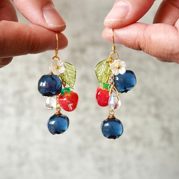 Berry Earrings, Blueberry and Strawberry Drop Earrings, Fruit Earrings, Berry Cluster Earrings, Miniature Floral Blossoming Berry Jewelry