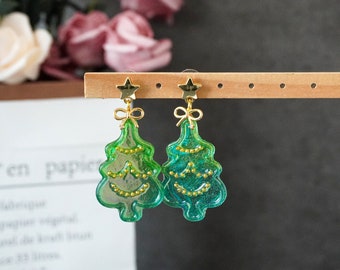 Pendientes de árbol de Navidad, pendientes de pino, pendientes de Navidad, regalo navideño, joyas festivas, pendientes de árbol de Navidad con brillo