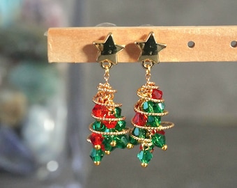 Christmas Tree Earrings, Holiday Earrings, Cute Santa Earrings, Festive Jewelry, Handmade Beaded Christmas Tree Earrings, Star Stud