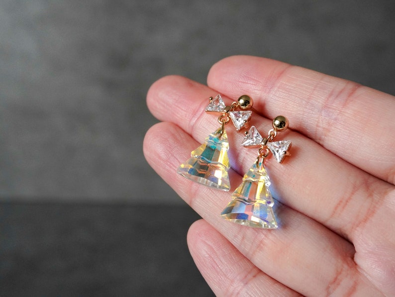 Christmas Tree Earrings, Glass Dazzling Christmas Tree Stud, Cute Christmas Deco, Bow Tie Christmas Tree, Christmas Gifts for Her image 7