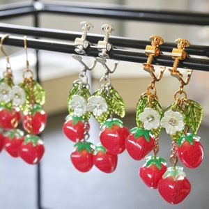 Strawberry Earrings, Fruit Food Earrings, Cute Kawaii Earrings, Cottagecore Earrings, Gift for Gardener Plant Lover Clip on