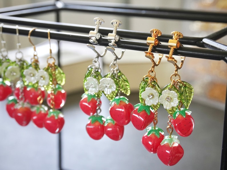 Strawberry Earrings, Fruit Food Earrings, Cute Kawaii Earrings, Cottagecore Earrings, Gift for Gardener Plant Lover Clip on