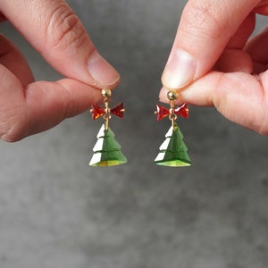 Christmas Tree Earrings, Glass Dazzling Christmas Tree Stud, Cute Christmas Deco, Bow Tie Christmas Tree, Christmas Gifts for Her image 9