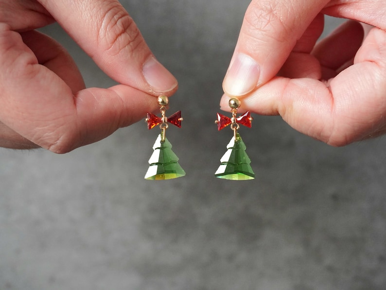 Christmas Tree Earrings, Glass Dazzling Christmas Tree Stud, Cute Christmas Deco, Bow Tie Christmas Tree, Christmas Gifts for Her image 9