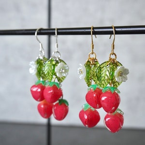 Strawberry Earrings, Fruit Food Earrings, Cute Kawaii Earrings, Cottagecore Earrings, Gift for Gardener Plant Lover Hook